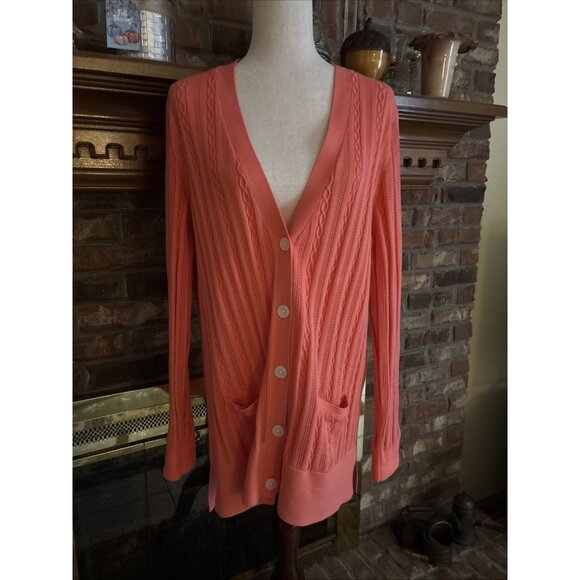 Lands' End Sweaters - Lands' End Womens Orange Coral Ribbed Trim Cotton Button Cardigan XL 18